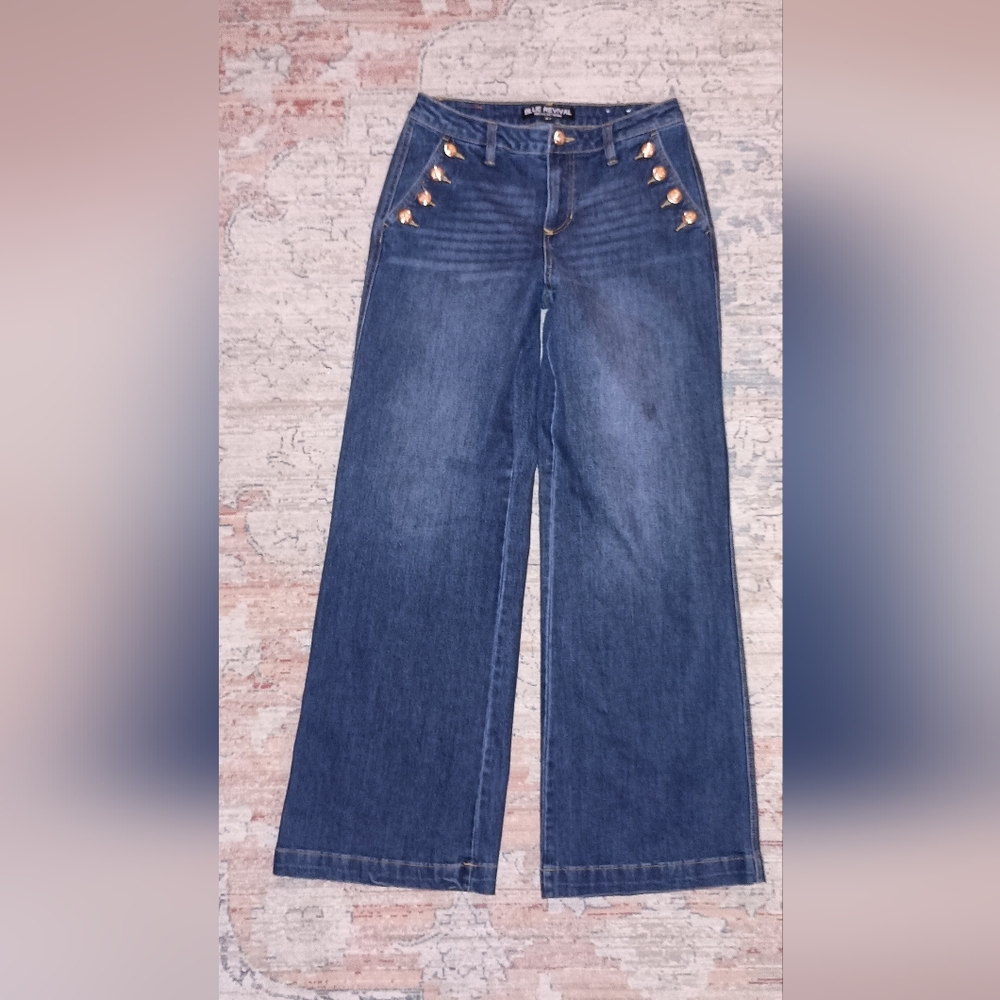 Blue Revival The Sailor Wide Leg gold Buttons Side Pockets Size 27